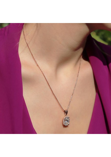 Oval Kesim Tek Taş Model Rose Gold Kaplama 925 Ayar Gümüş Sky Diamond Set fırsatları