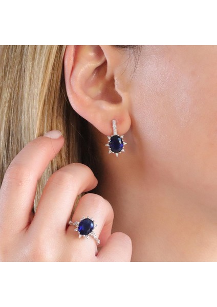 Safir Taşlı Elips Lotus Çiçeği Gümüş Set