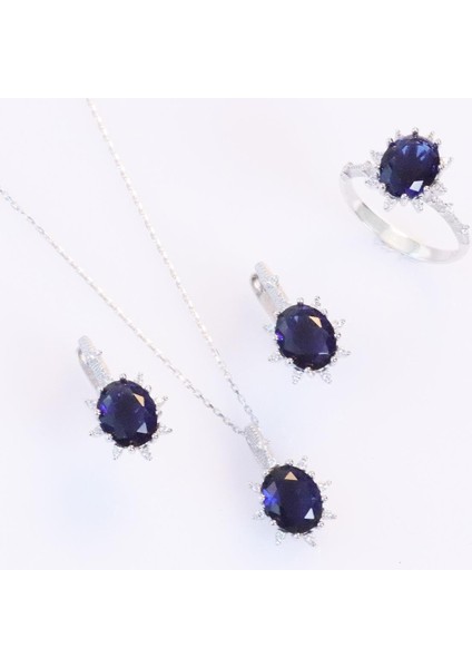 Safir Taşlı Elips Lotus Çiçeği Gümüş Set