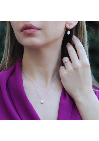 Zirkon Taşlı Mini Oval Montür Gümüş Takım