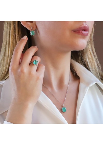 Paraiba Taşlı Kare Lotus Çiçeği Gümüş Set