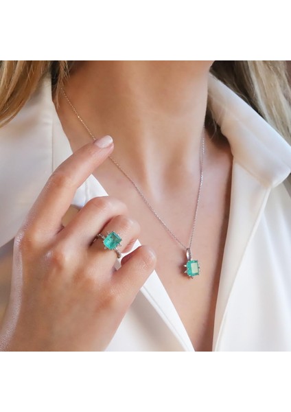 Paraiba Taşlı Kare Lotus Çiçeği Gümüş Set fiyatları