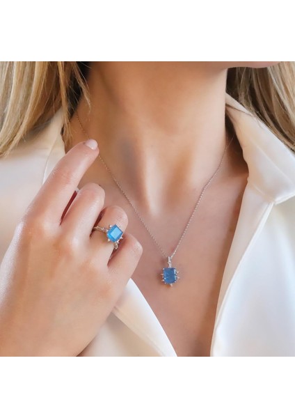 Mavi Paraiba Taşlı Kare Lotus Çiçeği Gümüş Set fiyatları