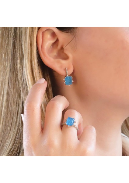 Mavi Paraiba Taşlı Kare Lotus Çiçeği Gümüş Set modelleri