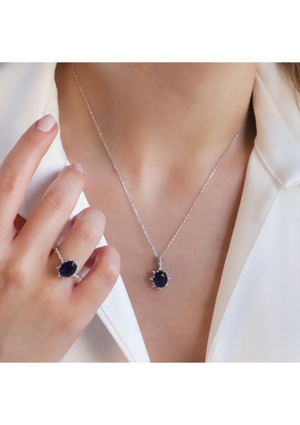 Safir Taşlı Elips Lotus Çiçeği Gümüş Set fiyatları