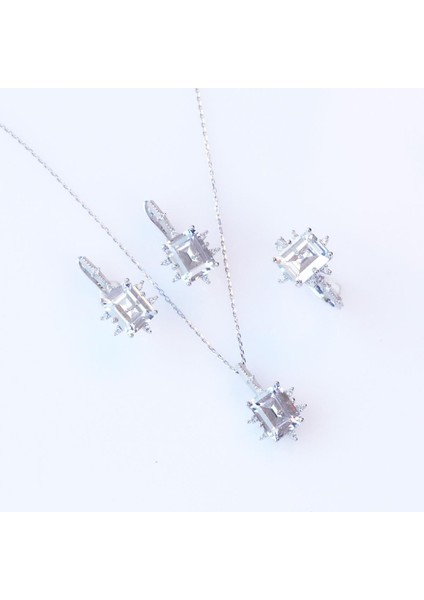 Zirkon Taşlı Kare Lotus Çiçeği Gümüş Set fırsatları