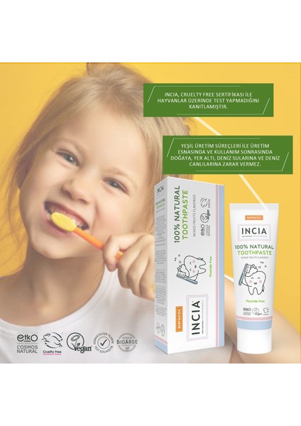 Doğal Diş Macunu Bebek ve Çocuk Karışık Meyve Aromalı Florürsüz 50 ml