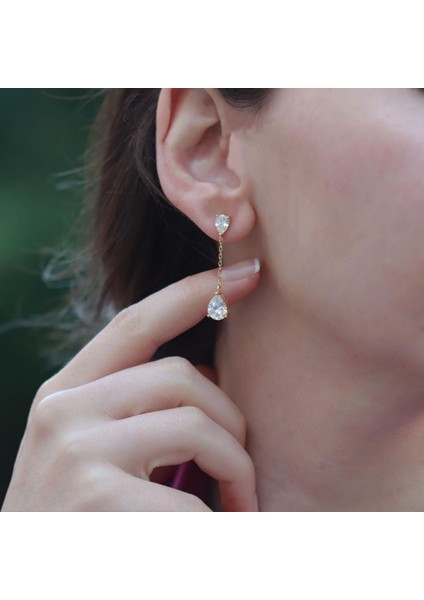 Pear Kesim 3,87 Karat Gold Kaplama Sky Diamond Gümüş Küpe