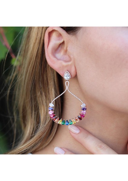 Renkli Zirkon Taşlı Damla Modeli Rose Gold Kaplama Gümüş Küpe