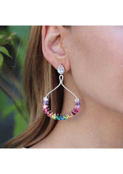 Renkli Zirkon Taşlı Damla Modeli Rose Gold Kaplama Gümüş Küpe modelleri