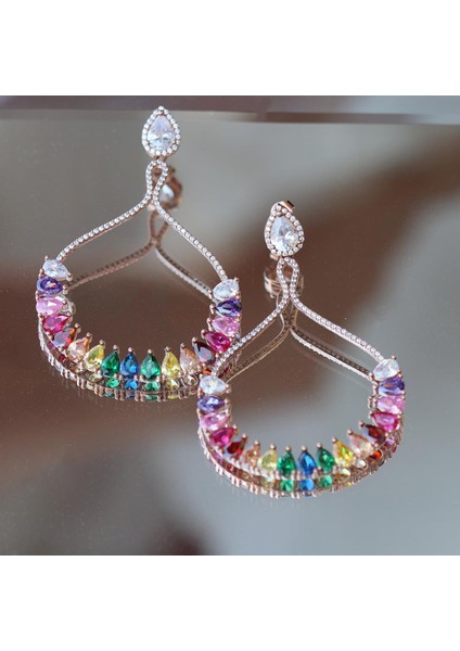 Renkli Zirkon Taşlı Damla Modeli Rose Gold Kaplama Gümüş Küpe fırsatları