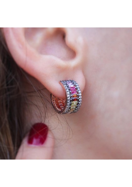 Renkli Zirkon Taşlı Baget Rose Gold Kaplama Gümüş Küpe fiyatları