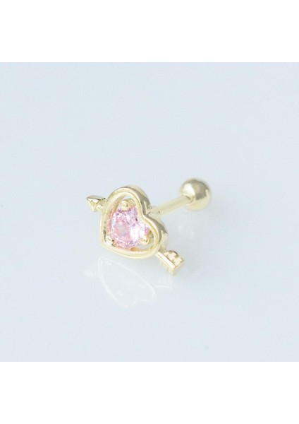 Pembe Zirkon Taşlı Kalp Figürlü Gold Kaplama Tragus