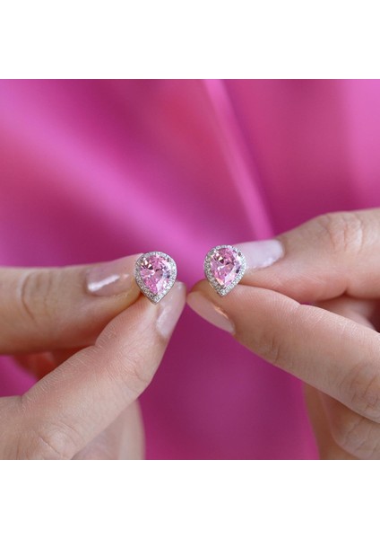 Damla Pembe Kuvars Taşlı Gümüş Küpe