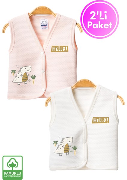 Unisex Bebek Dino Baskılı Organik Pamuklu 3-6-9 Ay 2li Kapitone Bebek Yelek Set