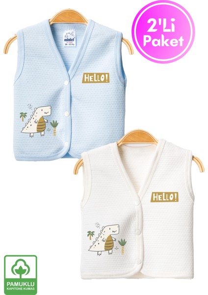 Unisex Bebek Dino Baskılı Organik Pamuklu 3-6-9 Ay 2li Kapitone Bebek Yelek Set