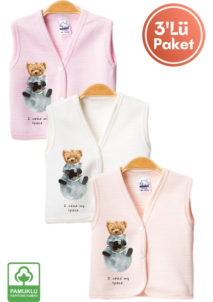 Unisex Bebek Space Ayıcık Baskılı Organik Pamuklu 3-6-9 Ay 3lü Kapitone Bebek Yelek Set