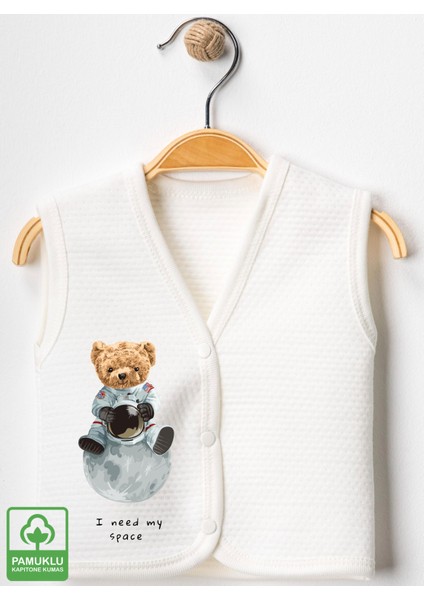 Unisex Bebek Space Ayıcık Baskılı Organik Pamuklu 3-6-9 Ay 3lü Kapitone Bebek Yelek Set