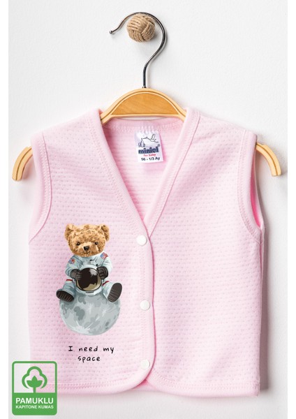 Unisex Bebek Space Ayıcık Baskılı Organik Pamuklu 3-6-9 Ay 3lü Kapitone Bebek Yelek Set