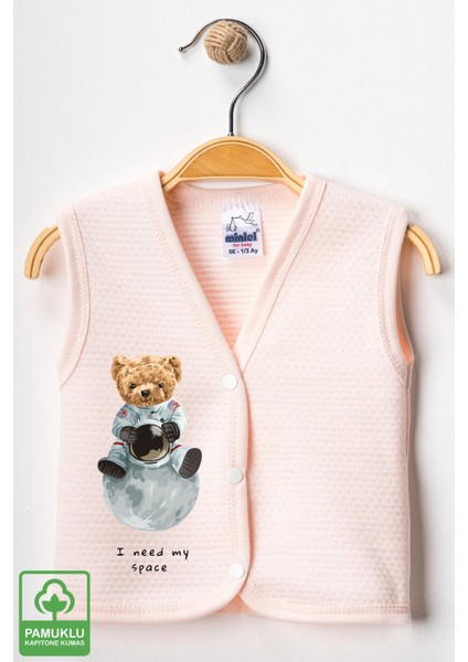 Unisex Bebek Space Ayıcık Baskılı Organik Pamuklu 3-6-9 Ay 3lü Kapitone Bebek Yelek Set