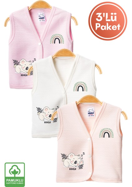 Unisex Bebek Koala Baskılı Organik Pamuklu 3-6-9 Ay 3lü Kapitone Bebek Yelek Set