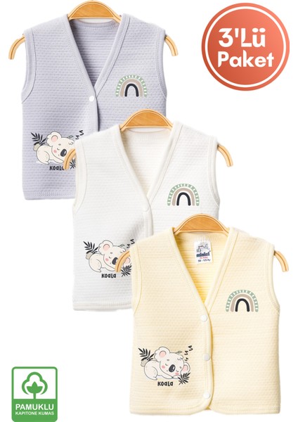 Unisex Bebek Koala Baskılı Organik Pamuklu 3-6-9 Ay 3lü Kapitone Bebek Yelek Set