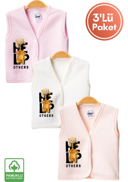 Unisex Bebek Help Ayıcık Baskılı Organik Pamuklu 3-6-9 Ay 3lü Kapitone Bebek Yelek Set