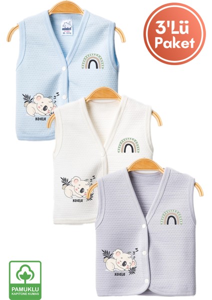 Unisex Bebek Koala Baskılı Organik Pamuklu 3-6-9 Ay 3lü Kapitone Bebek Yelek Set