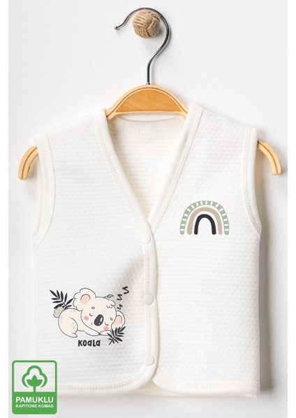 Unisex Bebek Koala Baskılı Organik Pamuklu 3-6-9 Ay 3lü Kapitone Bebek Yelek Set