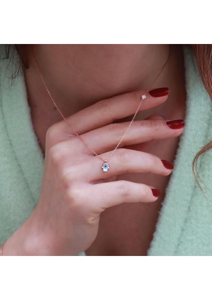 Fatma Ana El Figürlü Zirkon Taşlı Mine Işli Rose Gold Kaplama Gümüş Kolye
