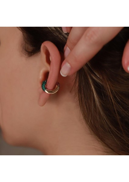 Yuvarlak Yeşil Zirkon Taşlı Rose Gold Kaplama Gümüş Kıkırdak Küpe