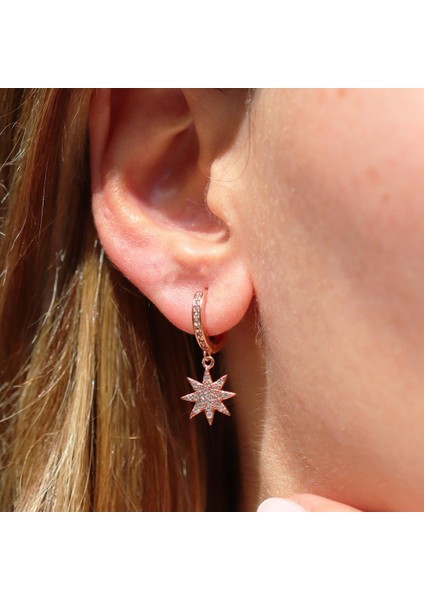 Zirkon Taşlı Kutup Yıldızı Rose Gold Kaplama Gümüş Küpe