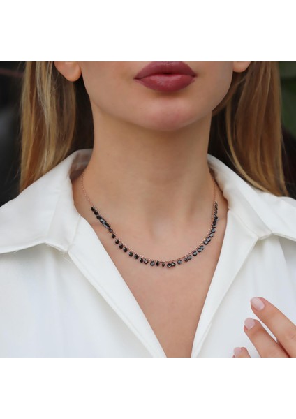 Sıra Siyah Zirkon Taş Rose Gold Kaplama Gümüş Kolye