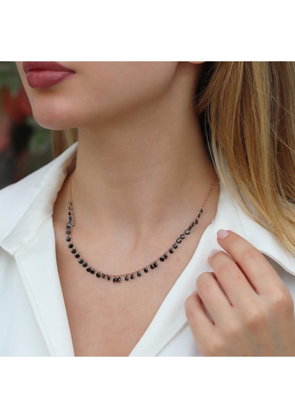 Sıra Siyah Zirkon Taş Rose Gold Kaplama Gümüş Kolye fiyatları