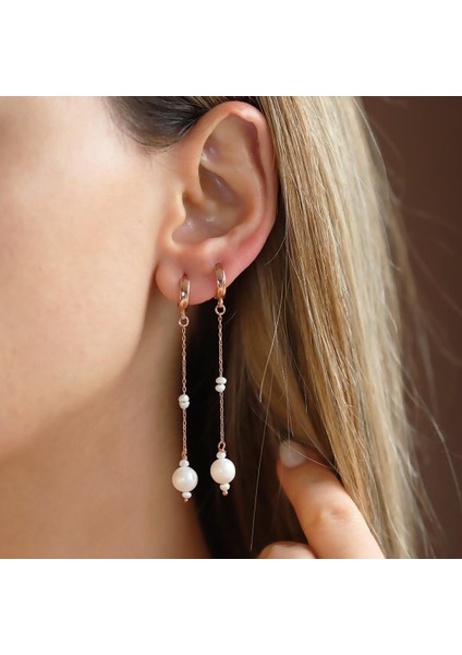 Sallantılı Rose Gold Kaplama Inci Gümüş Küpe