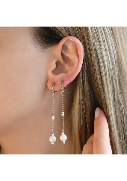 Sallantılı Rose Gold Kaplama Inci Gümüş Küpe