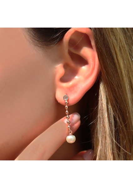 Sallantılı Zirkon Taşlı Rose Gold Kaplama Gümüş Inci Küpe modelleri