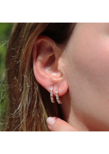 Zirkon Taşlı Rose Gold Kaplama Gümüş Halka Küpe