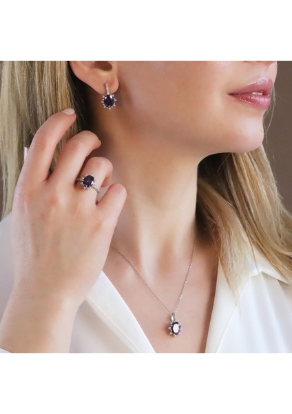 Ametist Taşlı Elips Lotus Çiçeği Gümüş Set