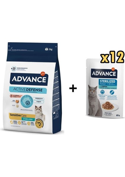 Somonlu Kısırlarştırılmış Kedi Maması 3 kg + 12 Adet Advance Morina Balıklı Kısır Kedi Pouch Yaş Maması 85 gr