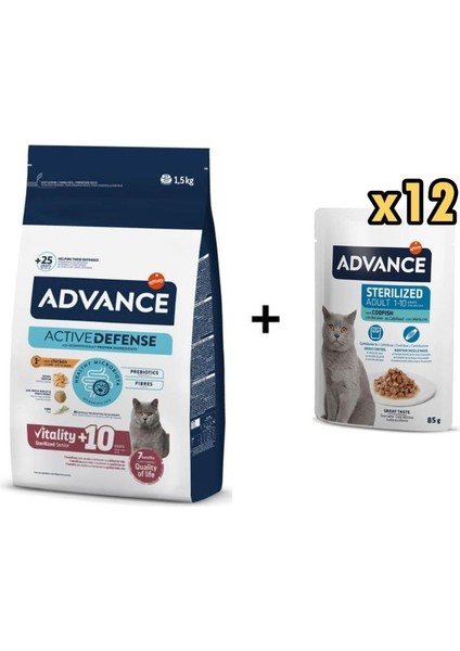 Kısırlaştırılmış +10 Yaşlı Kedi Maması 1,5 kg + 12 Adet Advance Morina Balıklı Kısır Kedi Pouch Yaş Maması 85 gr