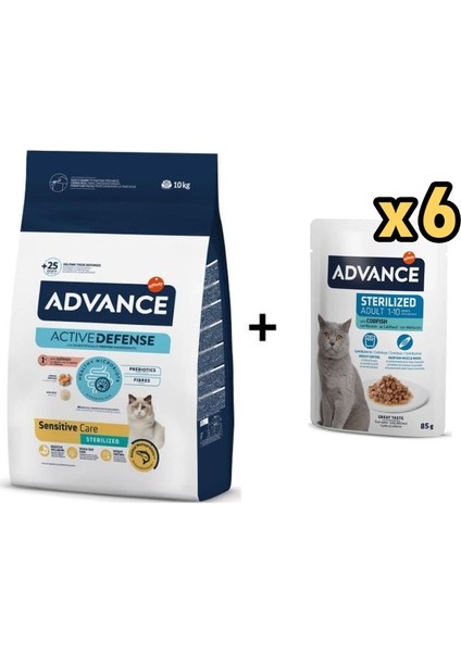 Somonlu Kısırlaştırılmış Kedi Maması 10 kg + 6 Adet Advance Morina Balıklı Kısır Kedi Pouch Yaş Maması 85 gr