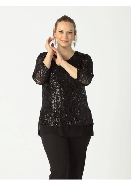 Kadın Siyah Payet Büyük Beden Bluz