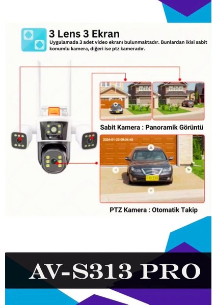 AV-S313 Pro 3 Kameralı 12MP (3X4MP) 360 Derece 180 Panoramik Wifi Kamera Panelsiz Onvif Destekli modelleri