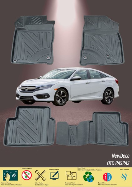 NewDeco Honda Civic Sedan 2006-2012 Için 5,5d Carbon Style Havuzlu Paspas - Tpe Malzeme