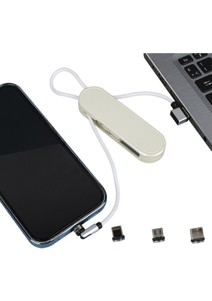Powermaster PM-25905 Beyaz 3in1 (Type C- Lightning- Micro Usb) Manyetik Uç Taşınabilir Şarj Kablosu