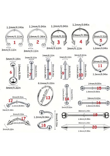 Paslanmaz Çelik Kadın Erkek Set 20 Adet Farklı Piercing