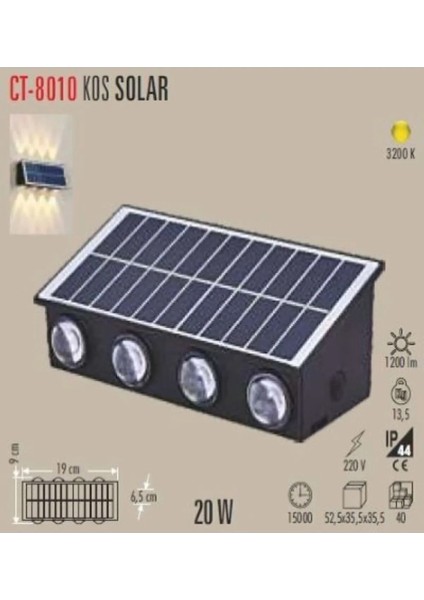 CT-8010 Kos Solar LED Aplik 20W Günışığı (Güneş enerjili)