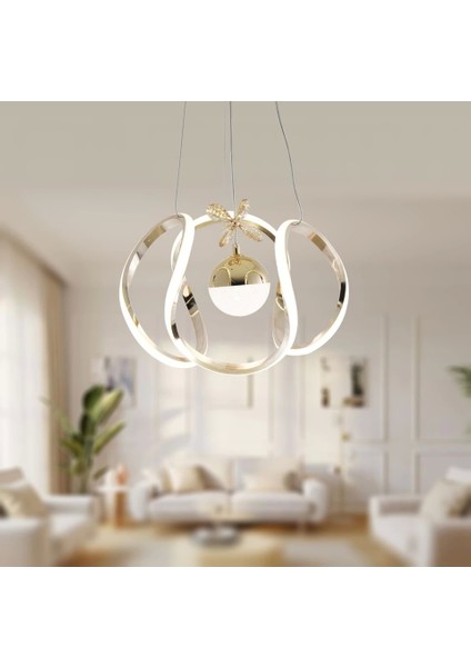 Kavis Modeli Fransız Sarı Kaplama Tek Toplu 3 Renk Modüllü Ledli Salon Avize ve Oturma Odası Led Avize