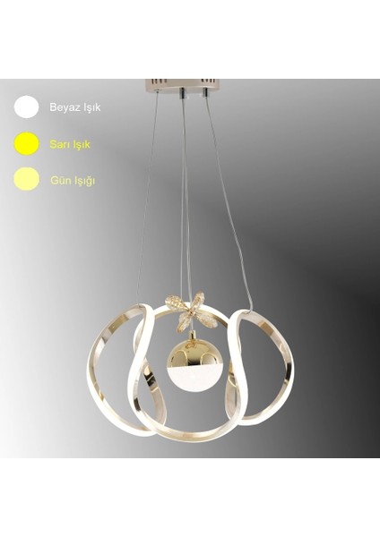 Kavis Modeli Fransız Sarı Kaplama Tek Toplu 3 Renk Modüllü Ledli Salon Avize ve Oturma Odası Led Avize